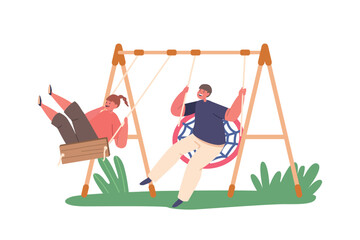 Children Boy And Girl Characters Joyfully Swinging On Swings, Laughing, And Experiencing Exhilarating Feeling Of Freedom