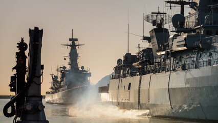 WARSHIPS - A Portugal Navy missile frigate and German Navy missiler frigate moored in the port