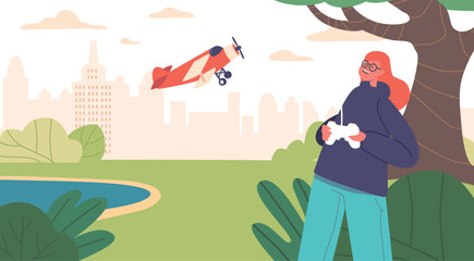 Naklejka premium Child Character Operating A Remote-controlled Plane Toy, Experiencing The Thrill Of Piloting Their Miniature Aircraft