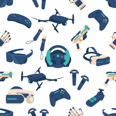 Seamless Virtual Reality Accessories Pattern Featuring A Variety Of Headsets, Controllers, And Other Vr Gear © Pavlo Syvak