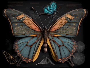 pinned butterfly on black paper, created with AI tools