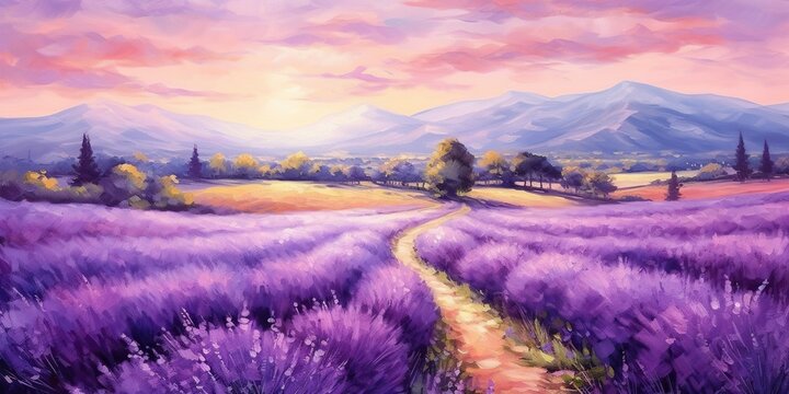A lavender field in full bloom, painting a picture in shades of purple, concept of Floral landscape, created with Generative AI technology