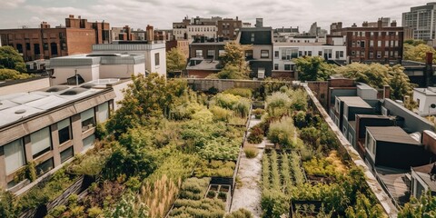 A rooftop urban garden filled with a variety of plants and herbs, illustrating the potential for green spaces in city environments, concept of Sustainability, created with Generative AI technology