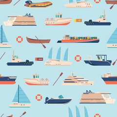 Seamless Pattern With An Assortment Of Ships And Boats, Creating Nautical-inspired Design, Vector Illustration