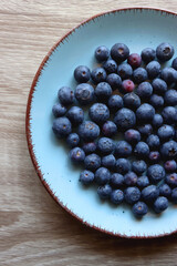 Turquoise plate with fresh blueberries on wooden background. Top view.