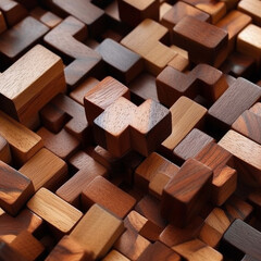 [wooden puzzle pieces] in various shades of brown Wallpaper created with generative AI software