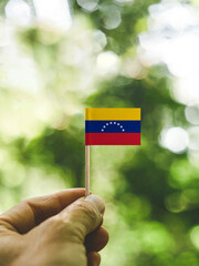 The Flag of Venezuela which is held in hand at the forest.