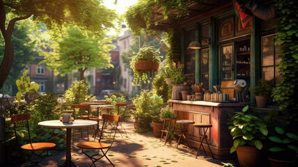 Fototapeta na wymiar coffee sunshine morning vintage outdoor cafe plants garden created with Generative AI technology