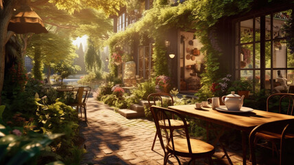 Fototapeta na wymiar coffee sunshine morning vintage outdoor cafe plants garden created with Generative AI technology