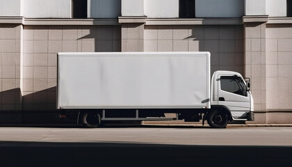 Cargo truck with blank side mock up on city streets, AI generated
