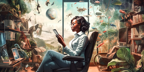 A businesswoman stands pensively, gazing into the distance while holding a smartphone. - generative ai