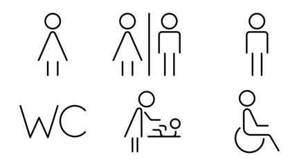 A set of line toilet icons. WC signs: man, woman, mother swaddling baby, person in a wheelchair. Editable stroke