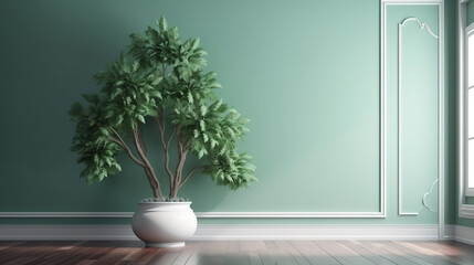 Fototapeta na wymiar Blank sage green wall in house with green tropical tree in white modern design pot. Generative Ai