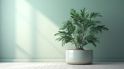 Fototapeta na wymiar Clean, blank sage green wall with tropical fiddle leaf fig tree in rectangle brown pot. Generative Ai