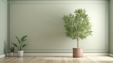 Blank sage green wall in house with green tropical tree in white modern design pot. Generative Ai