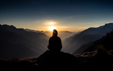 Silhouette of person sitting on a mountain. Meditation. Generative AI technology.