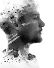A paintography man's profile portrait with paint stains and brush strokes