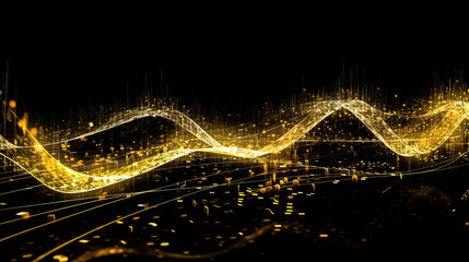 Golden Wavy Lines With Light Effect And Music Notes On Black Background. Ai generated