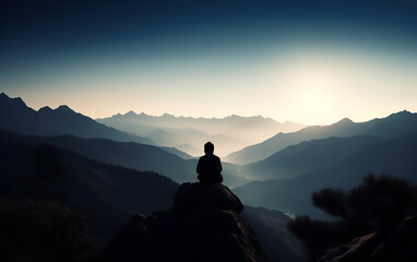Naklejka na ściany i meble Silhouette of person sitting on a mountain. Meditation. Generative AI technology.
