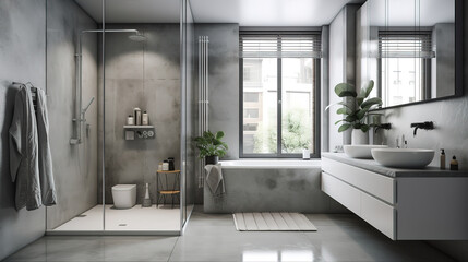 White Marble Vanity Counter, and Reeded Glass Shower Partition for Interior Design . Generative Ai