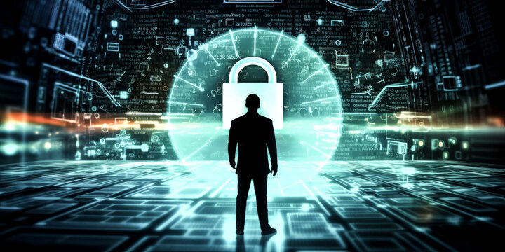 A network of computers and wires is shown with a protective shield, highlighting the importance of cyber security. - generative ai