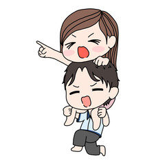 Love tenderness and romantic feelings concept. Young loving smiling couple cartoon giving rides piggyback to cute little girl showing love.