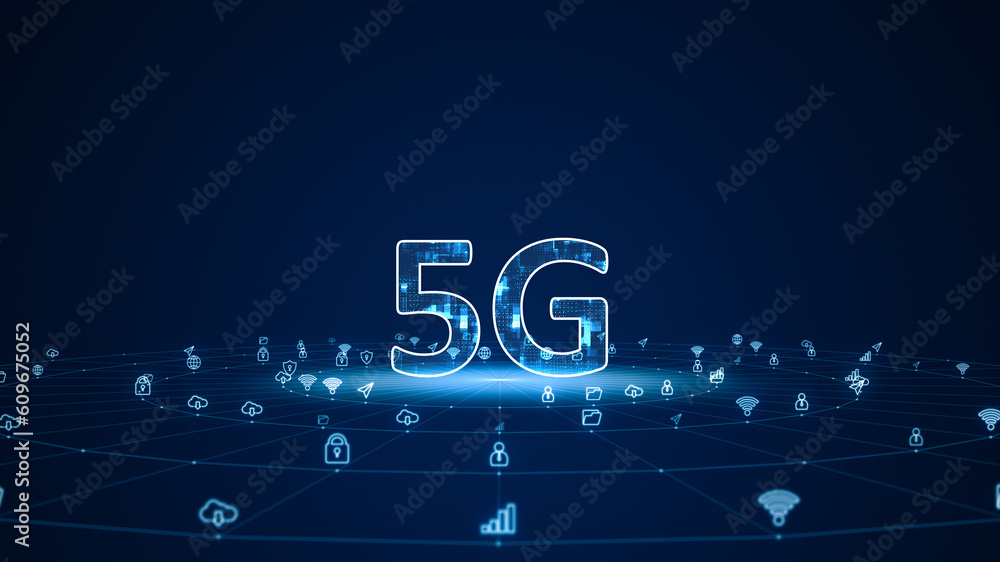 Poster blue digital 5g letter with futuristic technology ai icon and line connection with circle rotation o