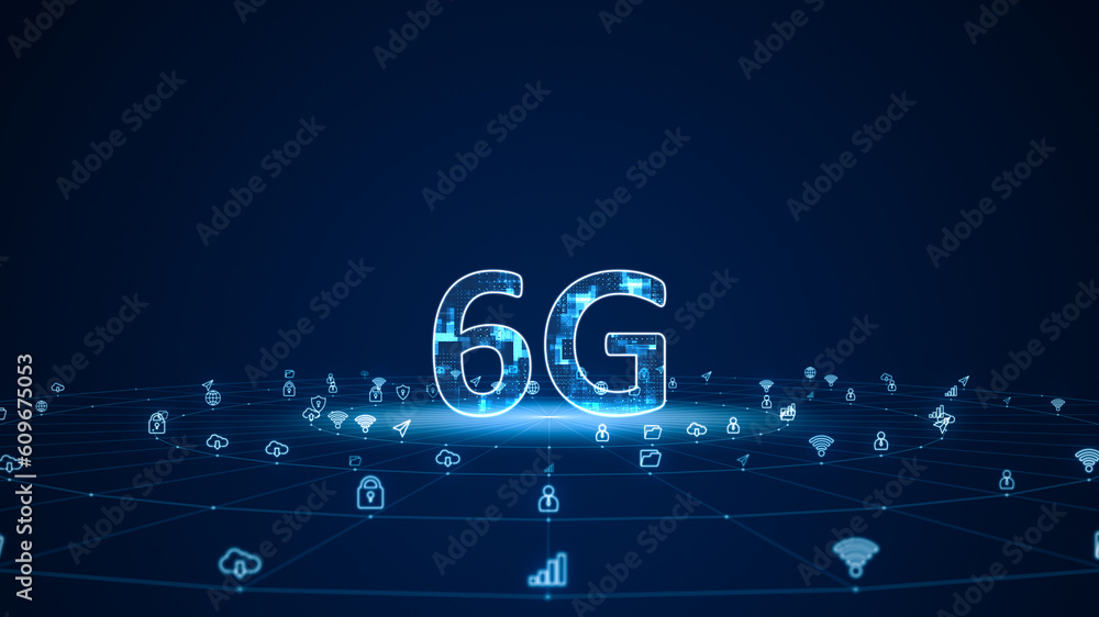Poster blue digital 6g letter with futuristic technology ai icon and line connection with circle rotation o