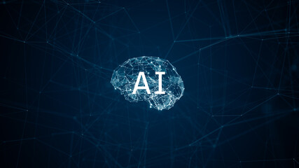 Blue polygon digital brain logo and AI letter with dot and line connection rotation on futuristic technology abstract background robot assistant and artificial intelligence concepts