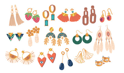 Stylish And Versatile Earrings Set Featuring A Variety Of Designs, Perfect For Any Occasion, Cartoon Vector Illustration