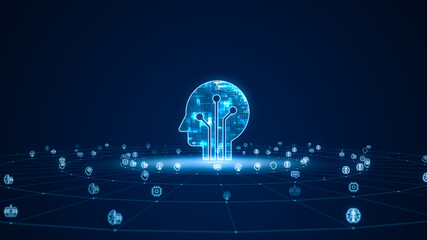 Blue digital robot head logo with grid and rotation circle line connection ai technology icon on futuristic abstract background artificial intelligence concepts