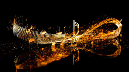 Golden Wavy Lines With Light Effect And Music Notes On Black Background. Ai generated