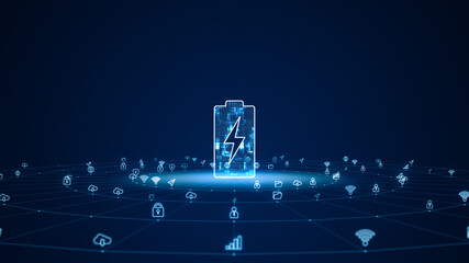 Blue digital battery LOGO with line connection and data transfer to futuristic icon technology abstract background