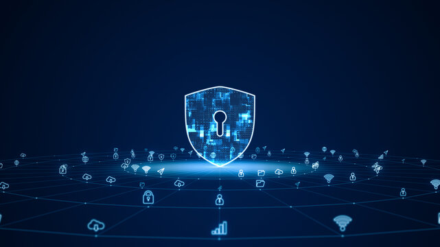 Blue digital security shield logo with futuristic technology icon and line connection with circle rotation on abstract background network firewall and authentication system concepts