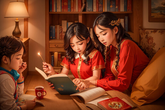 Family reading time - Literacy, love for books, relaxation, bonding, storytelling, imagination, education, family values, togetherness, fun.