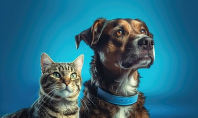 Cat and dog together on blue background. Created with Generative AI tools