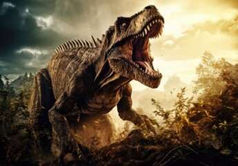 Dinosaur T-rex roaring in the forest. Created with Generative AI tools