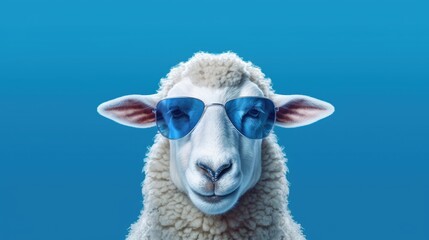 Portrait of a white sheep wearing blue sunglasses on a blue background. Created with Generative AI tools