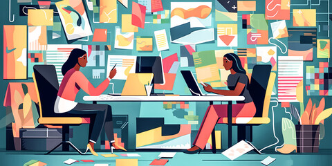 Two businesswomen collaboratively discussing their ideas, using sticky notes for visual aids. - generative ai