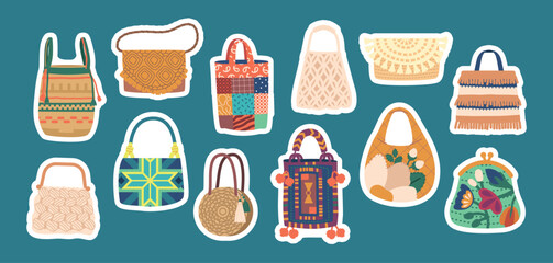 Exquisite Ethnic Bags Isolated Stickers Set. Unique Patterns And Vibrant Colors Perfect For Adding Touch Of Elegance
