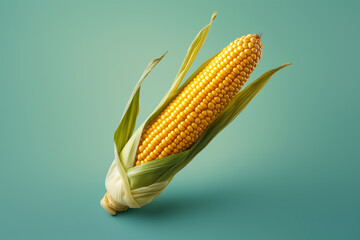 Ear of corn on a pale emerald background. Corn is used as livestock feed, as human food, as biofuel, and as raw material in industry. Generated by AI