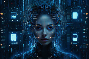 Futuristic AI Avatar Portrait with Digital Elements	 - obrazy, fototapety, plakaty