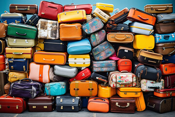 Colorful Travel Luggage Piles Up, Suitcase Storage Pile, Generative AI