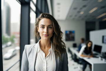 Portrait of gorgeous business woman with confident expressions in the workplace, a meeting being held by office in the background, smile. generative ai 
