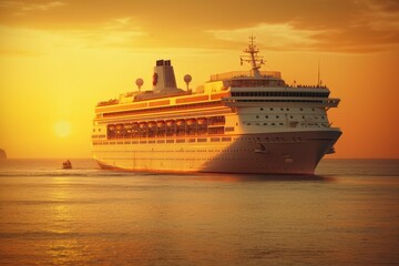 Fototapeta na wymiar large_cruise_ship_docked_in_the_ocean_at_sunset