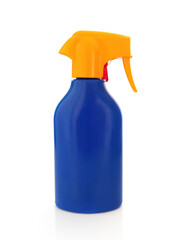 Front view of isolated sun spray container. Close up of sunscreen spray bottle on white background. plastic bottle concept.