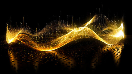 Golden Wavy Lines With Light Effect And Music Notes On Black Background. Ai generated