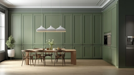 Fototapeta premium Blank sage green wall partition, white baseboard on parquet floor in luxury. Generative Ai