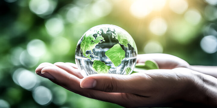 A bright, shining crystal globe reflecting sustainable development initiatives and ESG - generative ai.