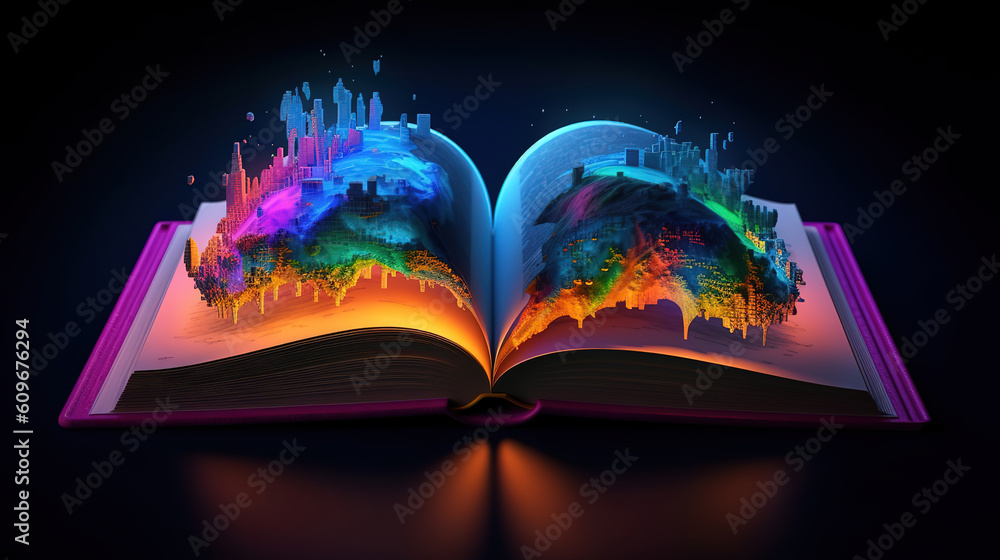 Poster magic open book with whole world inside concept. paper art mointains. generative ai